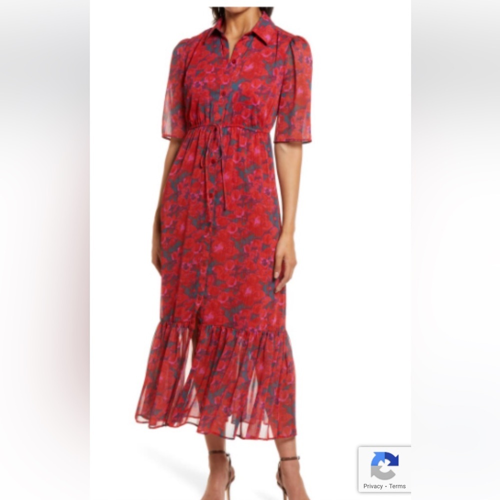 New 1X Halogen Red Chiffon Floral Midi Dress